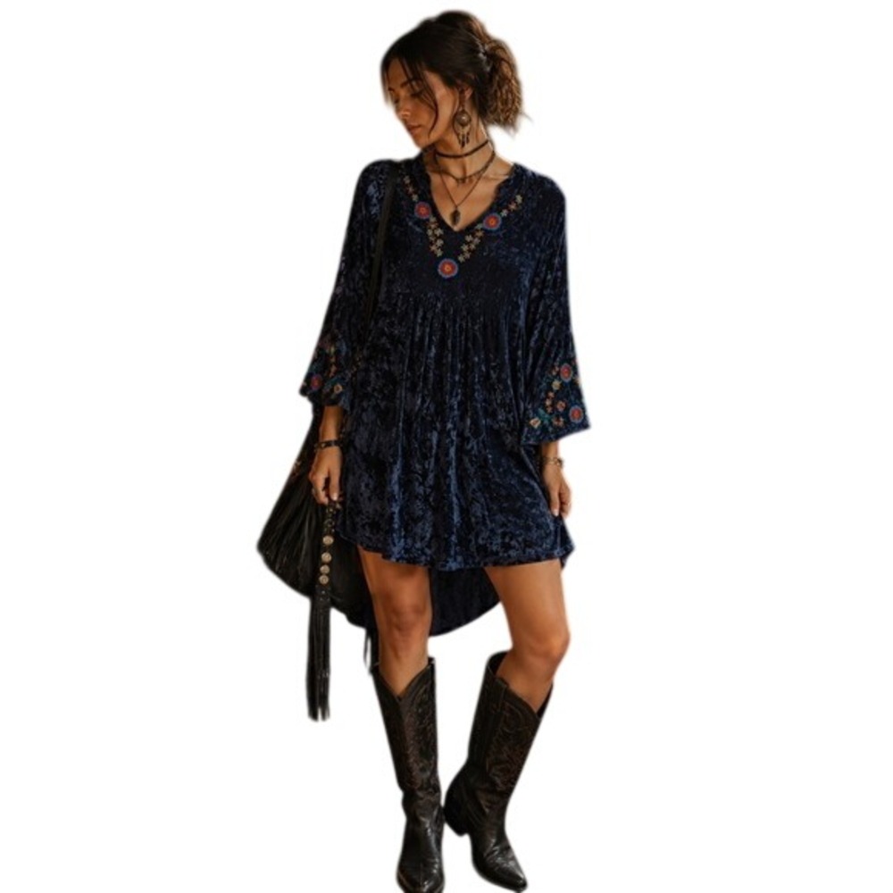 Boho Velvet Tunic Dress Embroidered Floral Blue Whimsigoth Johnny Was Vibes